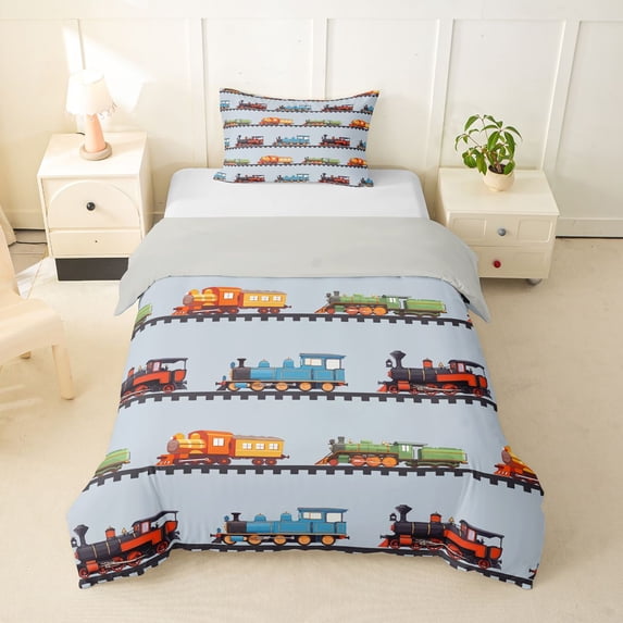 Castle Fairy Cartoon Vintage Train Twin Bedding for Kids, Colorful Locomotive Duvet Cover Set for Bedroom, Blue Red Green,Grey Reversible,2pcs,No Comforter