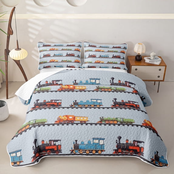 Castle Fairy Cartoon Vintage Train Twin Quilt Set,Colorful Locomotive Twin Coverlet Set for Bedroom,Blue Red Green