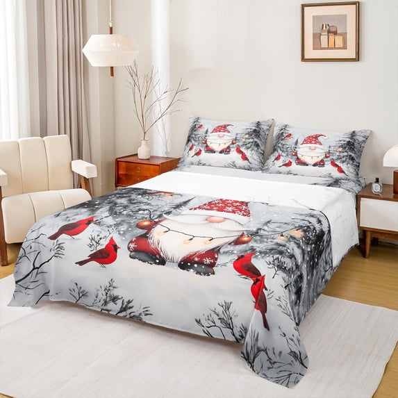 Castle Fairy Cartoon Xmas Gnome 3Pcs Twin Sheet Sets for Preppy Children Teens,Happy New Year Twin Fitted Sheet,Merry Christmas Cardinal Bird Breathable Flat Sheet,Ultra Soft Home Decor