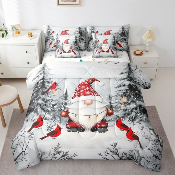 Castle Fairy Cartoon Xmas Gnome 7 Pieces Bedding Comforter Set for Preppy Children Teens,Happy New Year Full Bedding Set Lightweight,Merry Christmas Cardinal Bird Fitted Sheet Flat Sheet