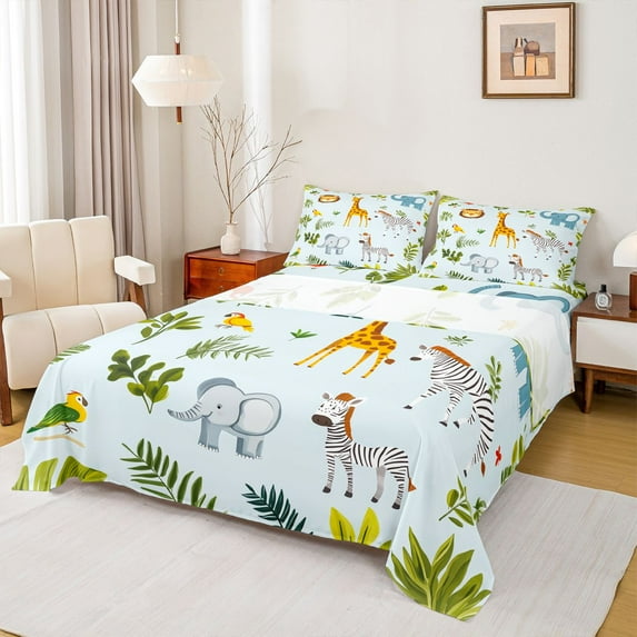 Castle Fairy Cartoon Zebra Giraffe Elephant Full Size Sheets,Tree Leaves Bed Sheets