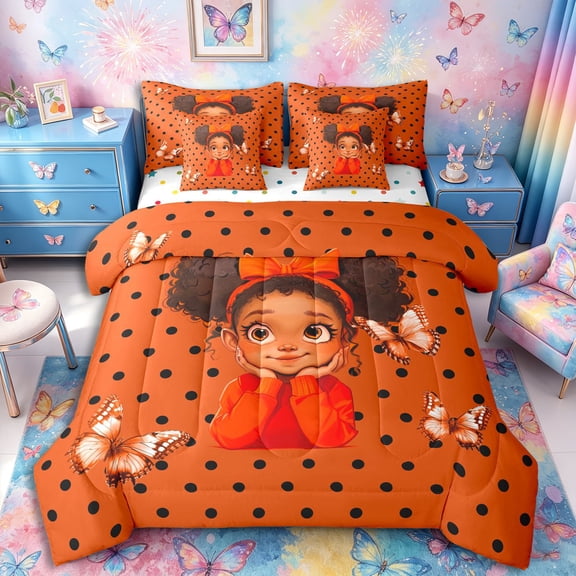 Castle Fairy Charming Black Girl Queen Bedding 7pcs,Bow Butterfly Art Bedding Comforter Set Queen,Orange