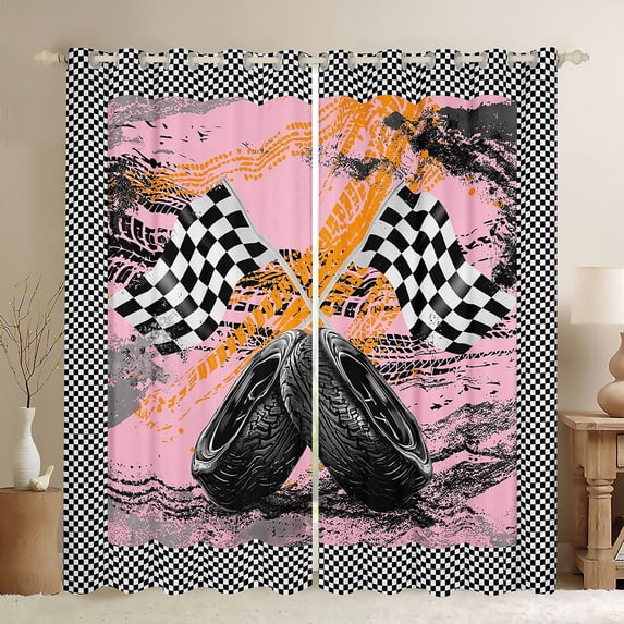 Castle Fairy Checkered Flag Black Out Curtains,Racing Car Curtains Pack of 2 (42x63 Each)