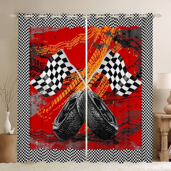 Castle Fairy Checkered Flag Black Out Curtains,Racing Car Curtains Pack of 2 (42x63 Each)