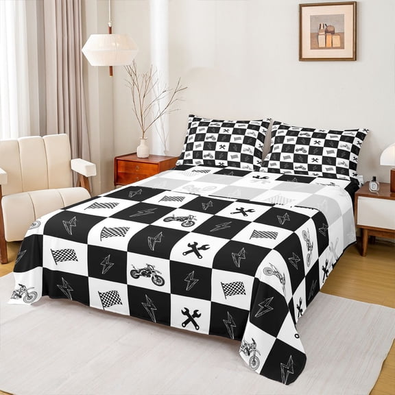 Castle Fairy Checkered Motocross Queen Sheet Sets 4 Pieces for Teens, Black White Race Icon Bed Set for Bedroom, Black White