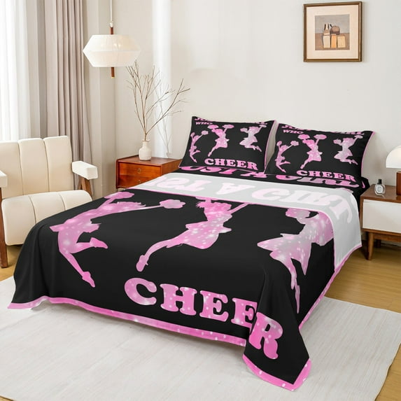 Castle Fairy Cheer Cheerleader Girl 4 Pieces Queen Sheet Sets,Black Pink Ultra Soft Flat Sheet,Abstract Gradient Queen Fitted Sheet,Super Cozy Room Decor