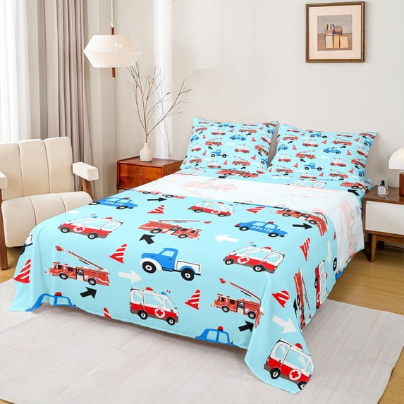 Castle Fairy Cheerful Emergency Vehicle Queen Sheet Sets 4 Pieces for Little Ones, Cute Fire Truck Ambulance Bed Set for Bedroom, Light Blue Red