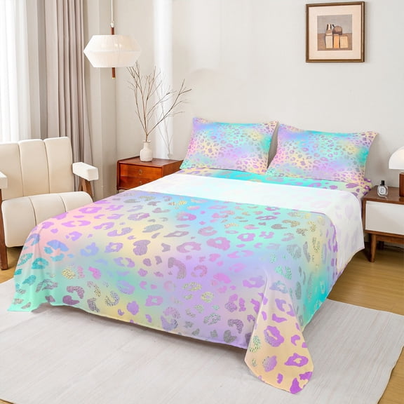 Castle Fairy Cheetah Leopard Print Full Size Sheets 4-Piece for Girls Female Women,Abstract Gradient Glitter Breathable Bed Sheets,Dreamy Princess Lightweight Sheet Sets,Luxury Bedroom Decor
