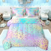 Castle Fairy Cheetah Leopard Print Twin Bedding Sets 7-Piece for Girls Female Women,Abstract Gradient Glitter Bedding Comforter Set Microfiber,Dreamy Princess Breathable Sheet Sets