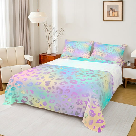 Castle Fairy Cheetah Leopard Print Twin Sheet Sets 3pcs for Girls Female Women,Abstract Gradient Glitter Twin Fitted Sheet Microfiber,Dreamy Princess Breathable Flat Sheet,Luxury Bedroom Decor