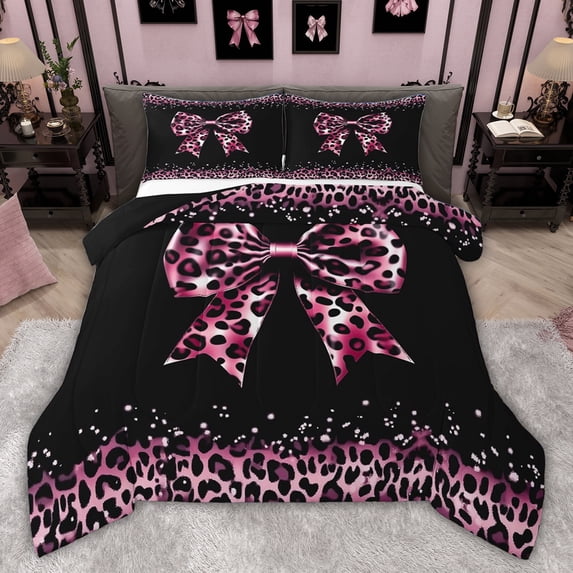 Castle Fairy Cheetah Print Bowtie Full Size Comforter Sets,Black Pink Bedding Sets