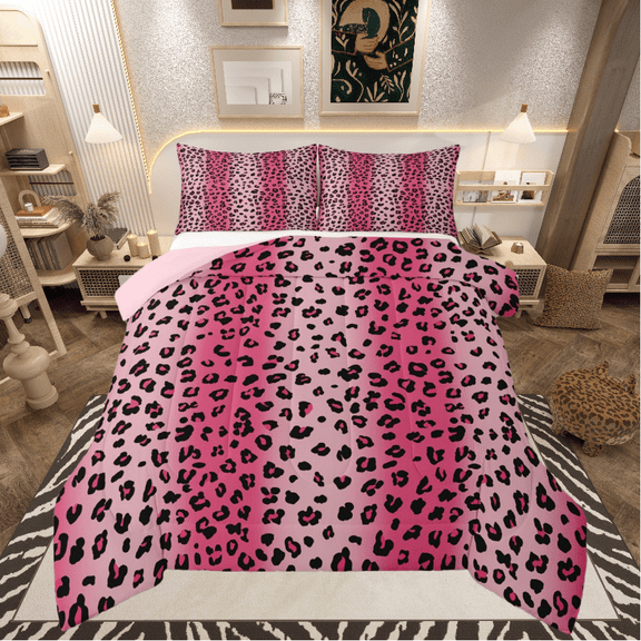 Castle Fairy Cheetah Print Girl 2pcs Bedding Comforter Set,Black Pink Twin Comforter Sets,Abstract Gradient Breathable Bedding Set,Super Cozy Room Decor