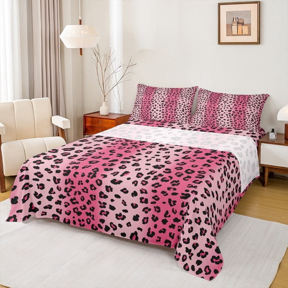 Castle Fairy Cheetah Print Girl 3pcs Twin Sheet Sets,Black Pink Twin Fitted Sheet,Abstract Gradient Breathable Flat Sheet,Super Cozy Room Decor