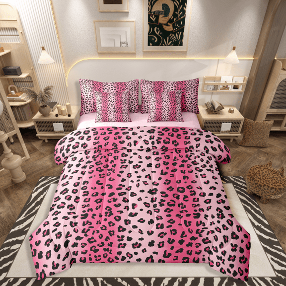 Castle Fairy Cheetah Print Girl 7-Piece Twin Bedding Sets,Black Pink Bedding Comforter Set,Abstract Gradient Breathable Sheet Sets,Super Cozy Room Decor