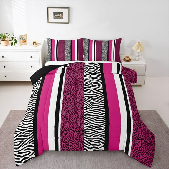 Castle Fairy Cheetah Print Queen Comforter Set,Zebra Stripes Bedding Comforter Set