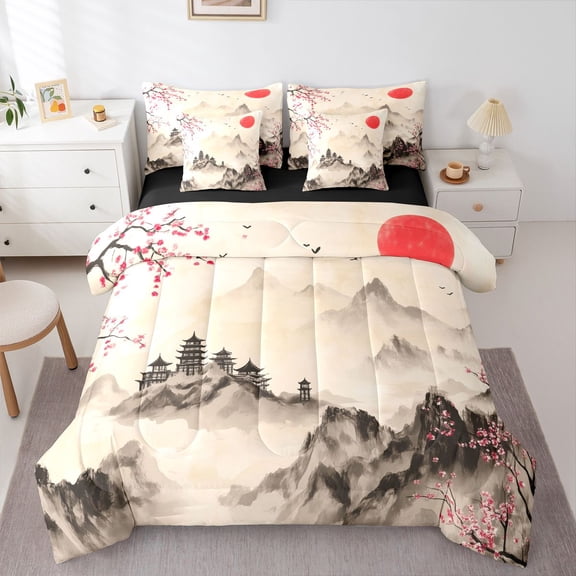 Castle Fairy Cherry Blossom Bedding Comforter Set,Japanese Style Queen Bedding Sets