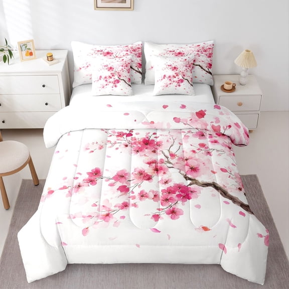 Castle Fairy Cherry Blossom Twin Bedding Sets,Pink Floral Sakura Bedding Comforter Set