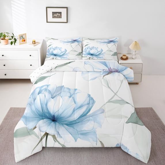 Castle Fairy Chic Floral Blossom 2Pcs Bedding Comforter Set for Teens Women Girls,Green Blue White Twin Comforter Sets,Botanical Plants Breathable Bedding Set,Luxury Bedroom Decor