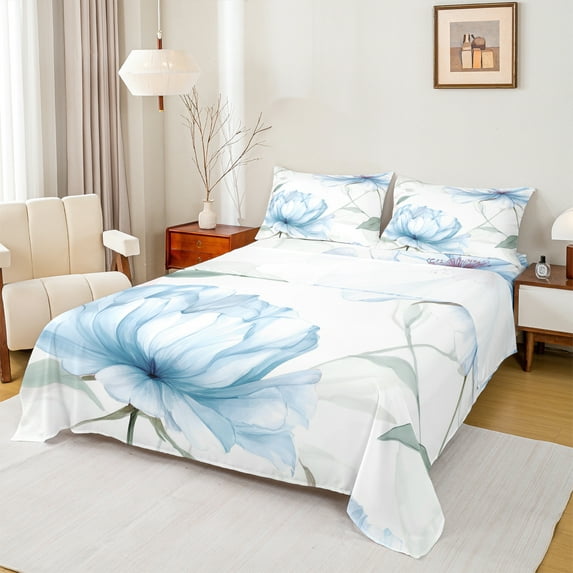 Castle Fairy Chic Floral Blossom 3Pcs Twin Sheet Sets for Teens Women Girls,Green Blue White Twin Fitted Sheet,Botanical Plants Breathable Flat Sheet,Luxury Bedroom Decor