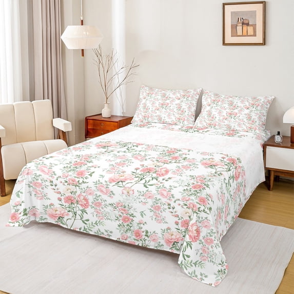 Castle Fairy Chic Floral Blossom 4-Piece Full Size Sheets for Teens Women Girls,Pink Green Bed Sheets,Botanical Plants Lightweight Sheet Sets,Luxury Bedroom Decor