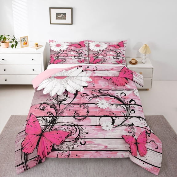 Castle Fairy Chic Floral Daisy Girl Bedding Comforter Set 2pcs,Flying Pink Butterflies Twin Comforter Sets Microfiber,Vintage Lodge Cabin Breathable Bedding Set,Lightweight Room Decor,Reversible