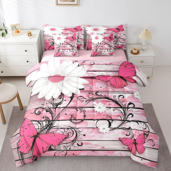 Castle Fairy Chic Floral Daisy Girl Twin Bedding Sets 7-Piece,Flying Pink Butterflies Bedding Comforter Set Microfiber,Vintage Lodge Cabin Breathable Sheet Sets,Lightweight Room Decor,Reversible