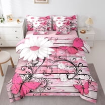 Castle Fairy Chic Floral Daisy Girl Twin Bedding Sets 7-Piece,Flying Pink Butterflies Bedding Comforter Set Microfiber,Vintage Lodge Cabin Breathable Sheet Sets,Lightweight Room Decor,Reversible