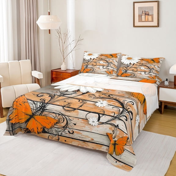 Castle Fairy Chic Floral Daisy Girl Twin Sheet Sets 3pcs,Flying Orange Butterflies Twin Fitted Sheet Microfiber,Vintage Lodge Cabin Breathable Flat Sheet,Lightweight Room Decor