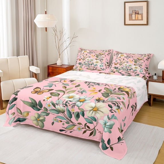 Castle Fairy Chic Floral Flowers 4 Pieces Queen Sheet Sets for Female Men Women,Flying Butterfly Ultra Soft Flat Sheet,Retro Vintage Aesthetic Queen Fitted Sheet,Ultra Soft Home Decor