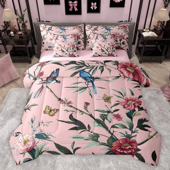 Castle Fairy Chic Floral Flowers Bedding Comforter Set 7 Pieces for Female Men Women,Exotic Style Full Bedding Set Lightweight,Vintage Retro Luxury Fitted Sheet Flat Sheet,Lightweight Room Decor