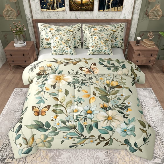 Castle Fairy Chic Floral Flowers Bedding Comforter Set 7 Pieces for Female Men Women,Flying Butterfly Full Bedding Set Lightweight,Retro Vintage Aesthetic Fitted Sheet Flat Sheet