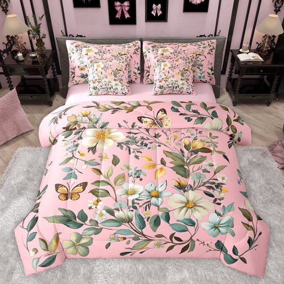 Castle Fairy Chic Floral Flowers Bedding Comforter Set 7pcs for Female Men Women,Flying Butterfly Queen Bedding Sets Super Cozy,Retro Vintage Aesthetic Queen Sheet Sets,Ultra Soft Home Decor