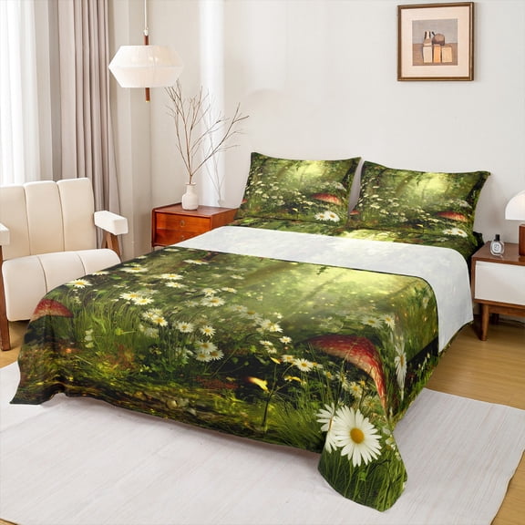 Castle Fairy Chic Floral Flowers Daisy Twin Sheet Sets 3pcs,Jungle Botanical Mushroom Twin Fitted Sheet Microfiber,Vintage Aesthetic Breathable Flat Sheet,Super Cozy Room Decor