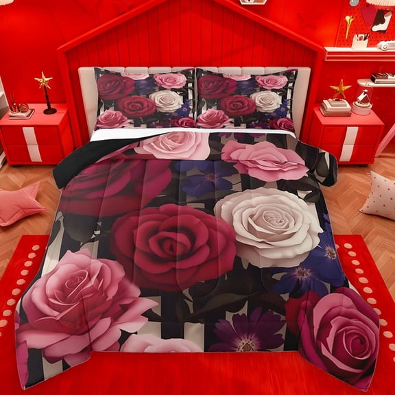 Castle Fairy Chic Floral Rose 3 Pieces Queen Comforter Set for Female Men Women,Vintage Aesthetic Ultra Soft Bedding Sets,Spring Garden Bedding Comforter Set Breathable,Microfiber Bedroom Decor