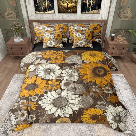 Castle Fairy Chic Floral Sunflower Bedding Comforter Set,Vintage Queen Bedding Sets