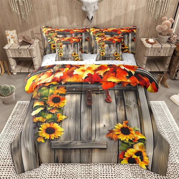 Castle Fairy Chic Floral Sunflowers Bedding Comforter Set 7-Piece for Female Men Adults,Old Barn Door King Bedding Sets,Grey Yellow Ultra Soft Bed Sheets,Breathable Home Decor,Reversible