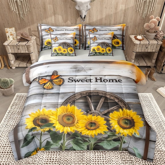 Castle Fairy Chic Floral Sunflowers Twin Bedding Sets 7-Piece for Boys Girls,Flying Butterflies Bedding Comforter Set Microfiber,Vintage Aesthetic Breathable Sheet Sets,Super Cozy Room Decor
