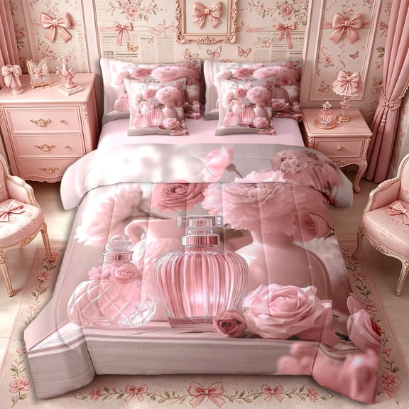 Castle Fairy Chic Floral Twin Bedding 7-Piece,Pink Fashion Perfume Pattern Bedding Comforter Set,Pink White,Pink Reversible