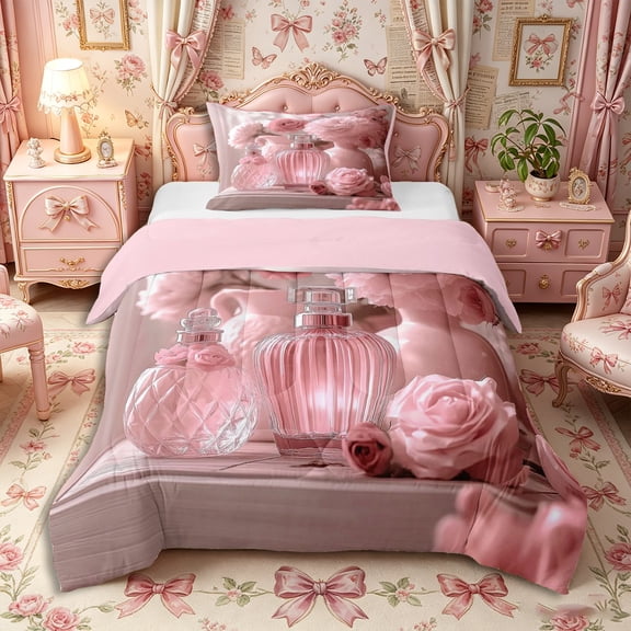 Castle Fairy Chic Floral Twin Comforter Sets 2pcs,Pink Fashion Perfume Pattern Bedding Set,Pink White,Pink Reversible,1 Comforter and 1 Pillowcase