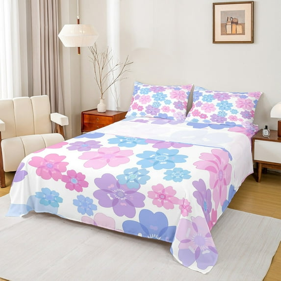 Castle Fairy Chic Flower 4-Piece Full Size Sheets,Botanical Plants Bed Sheets,Spring Garden Lightweight Sheet Sets,Super Cozy Floral Room Decor