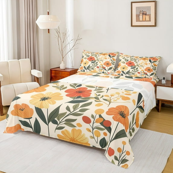 Castle Fairy Chic Flower 4-Piece Full Size Sheets for Teens Women Men,Vintage Rustic Flower Bed Sheets,Botanical Plants Lightweight Sheet Sets,Breathable Home Decor