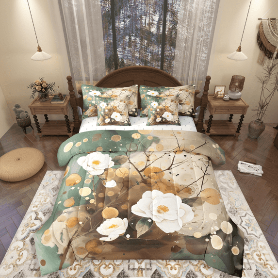 Castle Fairy Chic Flower 7pcs Bedding Comforter Set for Teens,Botanical Plants Queen Bedding Sets Super Cozy,Vintage Floral Queen Sheet Sets,Ultra Soft Home Decor