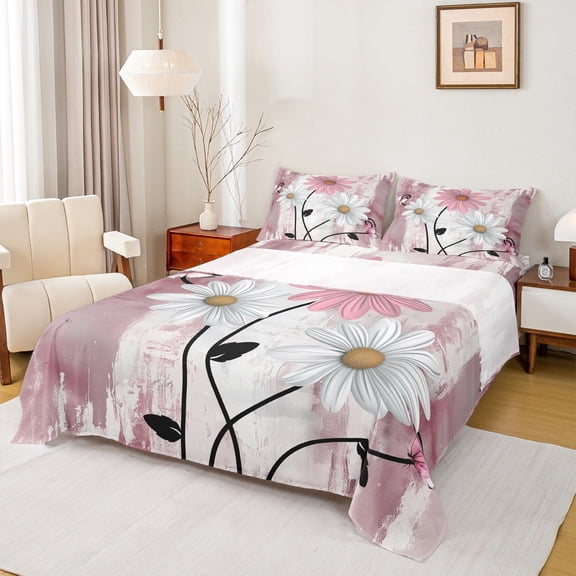 Castle Fairy Chic Flower Daisy Girl 4pcs Bed Sheets,Floral Butterfly King Sheets,Rustic Vintage Super Cozy Sheet Set,Breathable Home Decor