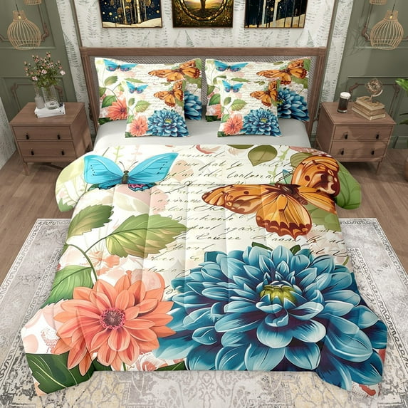 Castle Fairy Chic Flowers Bedding Comforter Set 7-Piece for Boys Girls,Floral Butterfly King Bedding Sets,Vintage Aesthetic Ultra Soft Bed Sheets,Lightweight Room Decor,Reversible