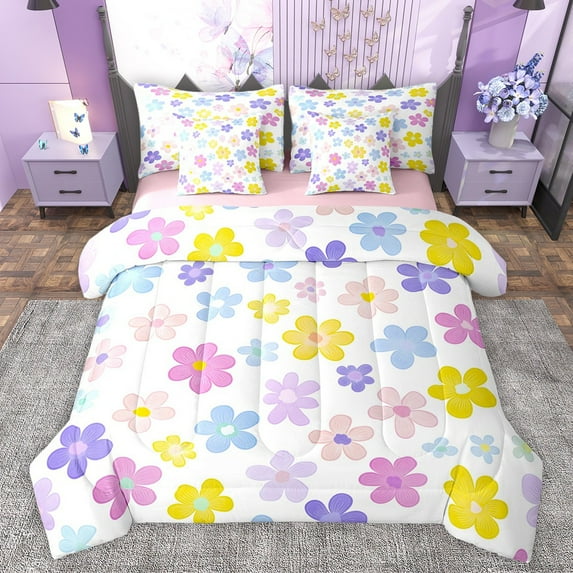 Castle Fairy Chic Flowers Bedding Comforter Set 7-Piece for Female Men Women,Spring Garden King Bedding Sets,Floral Blossoms Ultra Soft Bed Sheets,Breathable Home Decor,Reversible
