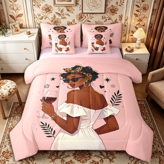 Castle Fairy Chic Lady In Off-Shoulder Dress Holding Wine Twin Bedding 7-Piece,Leopard Print Bedding Comforter Set,Peach Black Tan,Pink Reversible