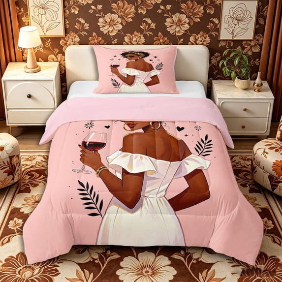 Castle Fairy Chic Lady In Off-Shoulder Dress Holding Wine Twin Comforter Sets 2pcs,Leopard Print Bedding Set,Peach Black Tan,Pink Reversible,1 Comforter and 1 Pillowcase