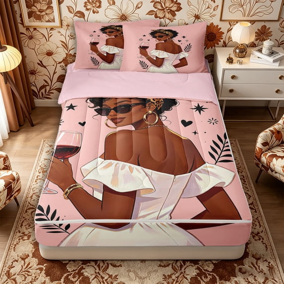 Castle Fairy Chic Lady In Off-Shoulder Dress Holding Wine Zipper Twin Comforter Sets with Fitted Sheet and 2 Pillowcases,Leopard Print Zipper Bedding Set,Peach Black Tan,Pink Reversible,4-Piece