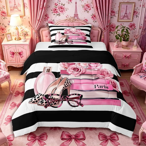 Castle Fairy Chic Leopard Print High Heel Twin Comforter Sets 2pcs,Glamorous Paris Rose Book Pattern Bedding Set,Black White Pink,Black Reversible,1 Comforter and 1 Pillowcase