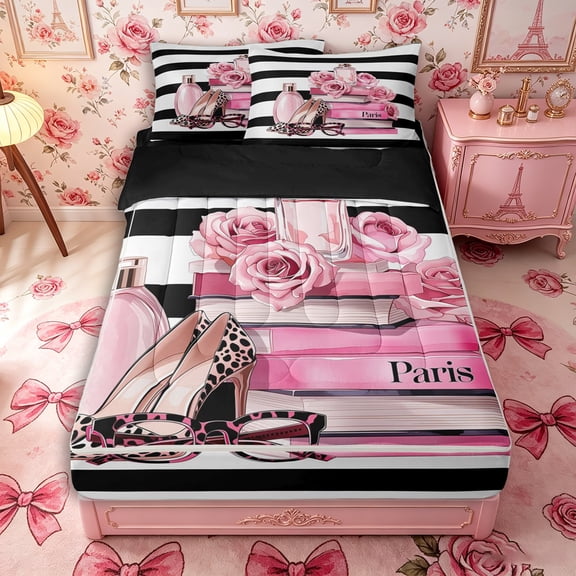 Castle Fairy Chic Leopard Print High Heel Zipper Twin Comforter Sets with Fitted Sheet and 2 Pillowcases,Glamorous Paris Rose Book Pattern Zipper Bedding Set,Black White Pink,Black Reversible,4-Piece